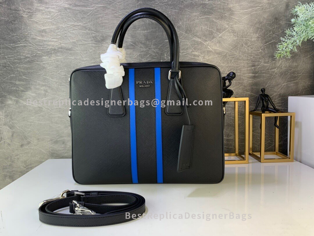 Prada Saffiano Leather Bandoleer Blue Briefcase SHW 368